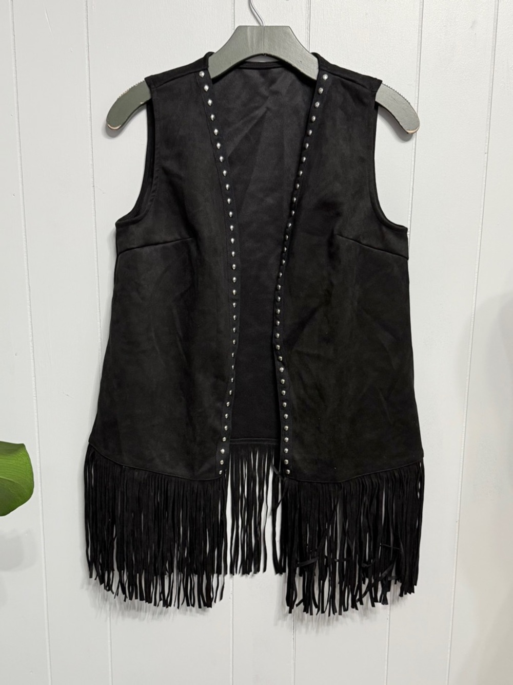 #16)  NWT Black Fringe  Vest with Stud Trim